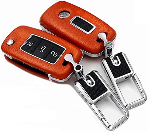 ontto Keyless Key Cover Case with Keychain Premium Leather Key Fob Protector Skin Holder Fit for VW Volkswagen Jetta GTI Golf 3 Buttons Orange