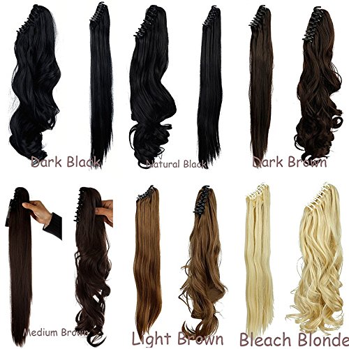 S-noilite Long Thick Claw Jaw Ponytail Big Wave Clip in Pony Tail Hair Extension Extensions (18 inches-curly, natural black)