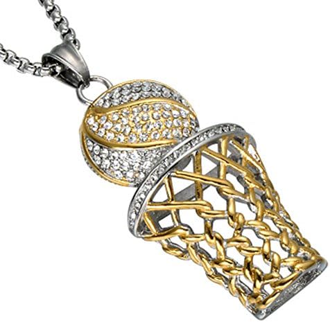 Mens Titanium Hip Hop Iced Out Gold&amp;Sliver Plated Mini Basketball Rim Pendant Set with Diamond Cuban Chain Fashion Jewelry (Golden&amp;Slivery)