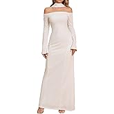 Elegant Off Shoulder Maxi Dress Long Sleeve with Attached Scarf Formal Evening Gown Flare Hem Party Dress for Women