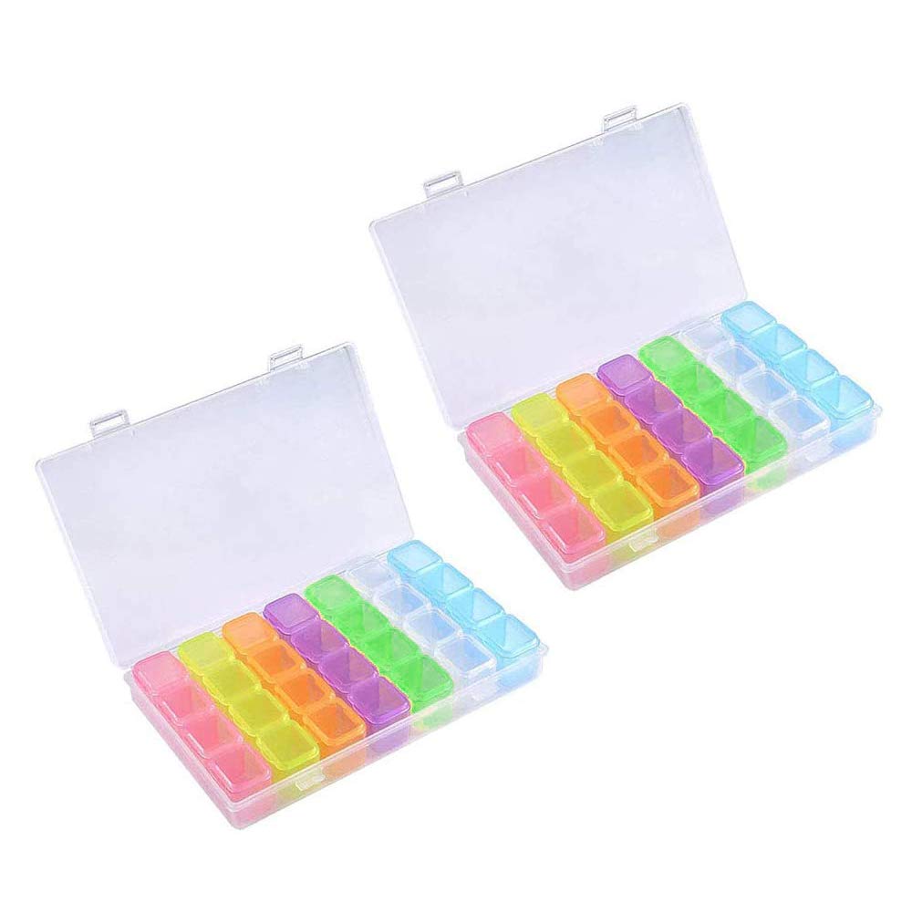 YKKJ 2 x diamond embroidery box, plastic sorting box, jewellery box, tool container, colourful, clear, removable, for diamond painting, nail art, jewellery, beads (28 compartments) boxes