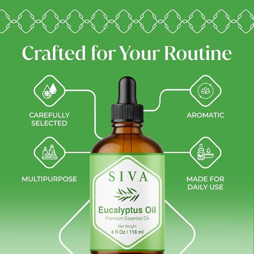 SIVA Eucalyptus Oil 4 fl oz – 100% Natural Essential Oil with Dropper – For Diffuser, Hair, Skin, Soap & Candle Making