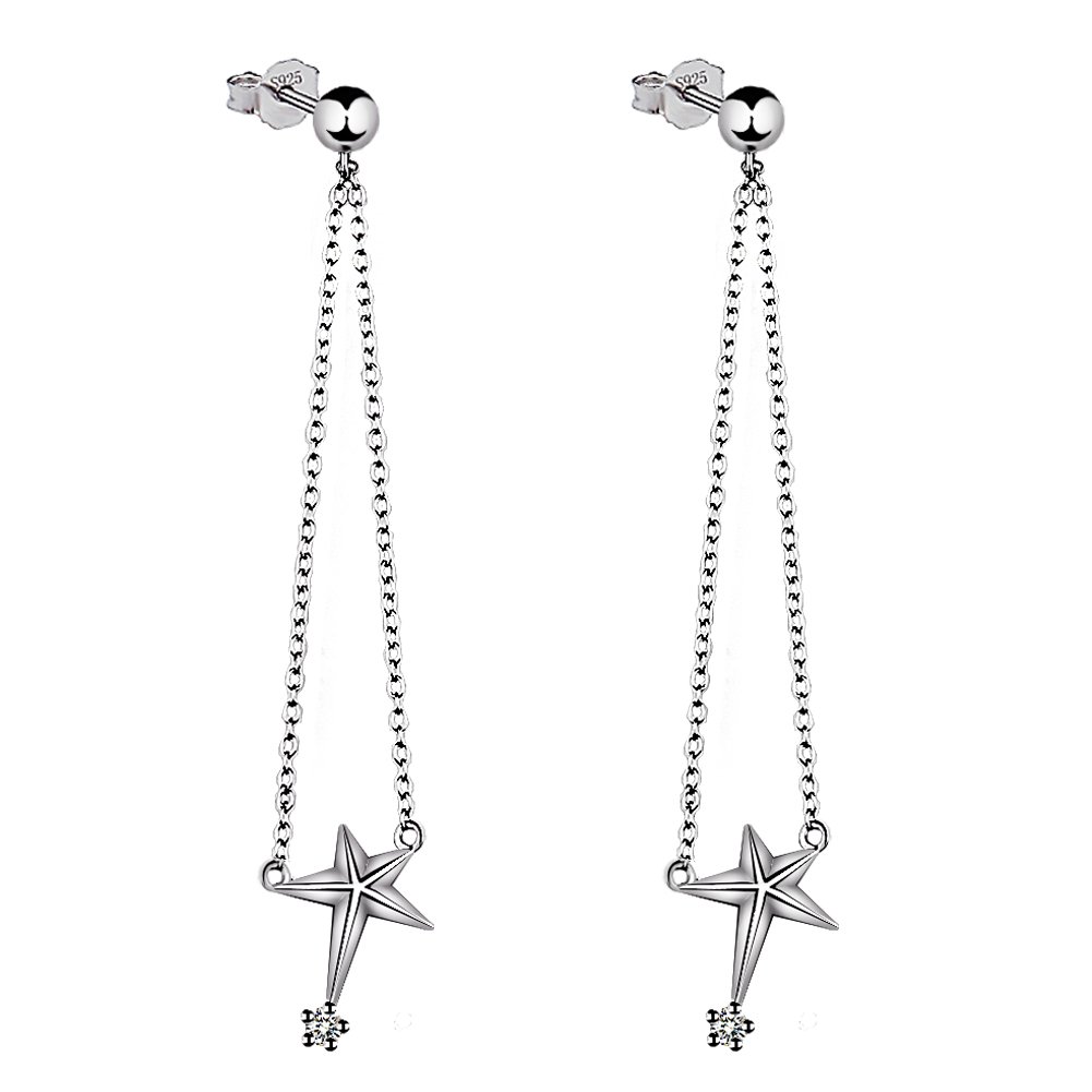 Meyiert Lovely 925 Silver Star-shaped Dangling Drop Earrings Little Bead Pendant Zirconia for Women (White)