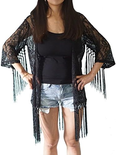 Beach Fringed Lace Kimono Cover Ups (S/M, Full Tassels Black)