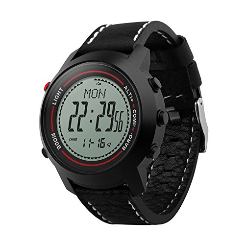 Men Digital Watches with Compass Pedometer Altimeter Barometer Swiss Sensor Leather Band (black)