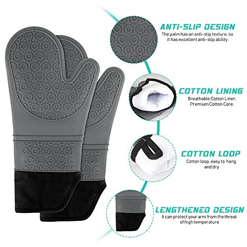 Silikon Ofenhandschuh 6er-Set, Hitzebeständige Topfhandschuhe 1 Paar mit 2 Topflappen Untersetzer & 2 Mini Rutschfeste Silikon Griff Quetschhandschuhe - Wasserfest, Leicht zu Reinigen (Schwarz)