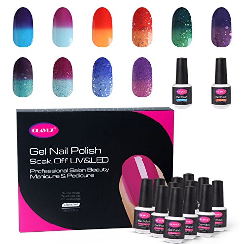 CLAVUZ Gel Nail Polish Set Soak Off Color Changing UV Gel Nail Manicure with Top and Base Coat Nail Art New Starter Kit 12pcs