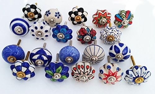 Om Creation Set of 20 Pc Handmade multi colour Designed Ceramic Cupboard Cabinet Door Knobs Drawer Pulls &amp; Brass Hardware | Ceramic Knobs for Cabinets &amp; Cupboards -Pulls (Mix-20)