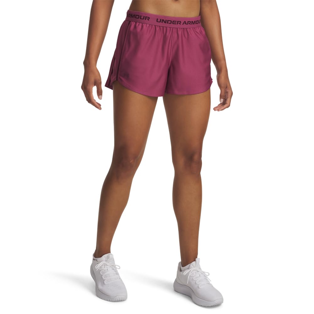 Under Armour Women's Tech Play Up Short, 3" Inseam Low Rise with Pockets, Quick Dry, Athletic Shorts for Workout, Running, and Gym, Fuchsia Dusk/Dark Maroon, X-Small Image