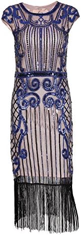 IMAGICSUN Evening Sequin Dress 1920s Vintage Inspired Beaded Embellished Fringe Long Gatsby Flapper Dress (XL, Blue Pink)
