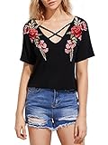 MakeMeChic Women's Sexy Cross Front Tops Floral Embroidered Short Sleeve T Shirt Black M