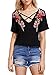 MakeMeChic Women's Sexy Cross Front Tops Floral Embroidered Short Sleeve T Shirt Black M
