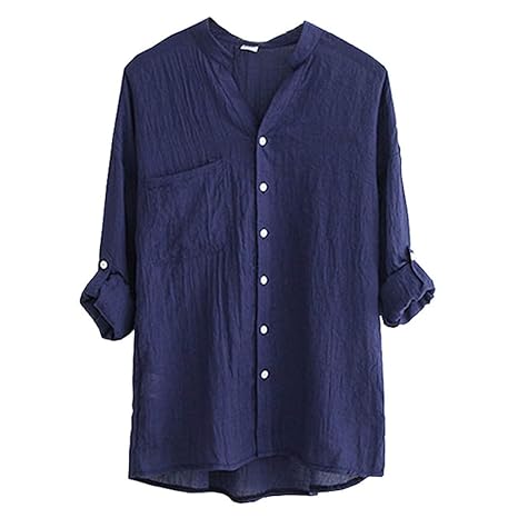 BININBOX Damen Bequeme Leinen Bluse Hemd V-Ausschnitt Stehkragen 3/4-Arm Leinenbluse Langarm-Shirt (4 Farben)