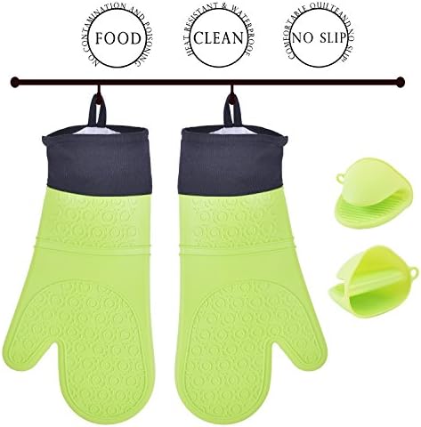 Barbecue Gloves, CrystalMX 4-Pack Waterproof Extra Long Quilted Cotton Lining Silicone Professional Heat Resistant Oven Mitts Potholder Gloves for Kitchen &amp; Barbecue, (2 Large &amp; 2 Mini), Green
