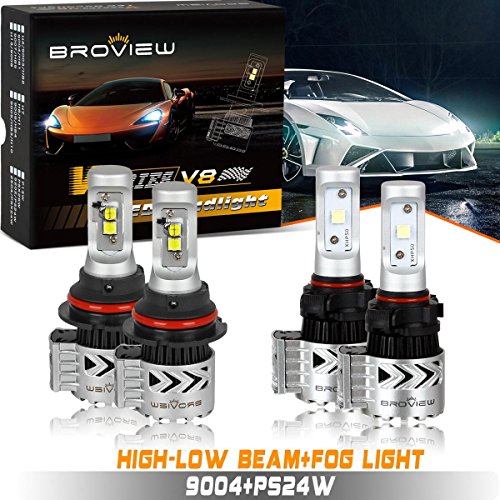 4 Pcs Broview V8 Cree 9004 HB1 Hi/Lo beam LED Headlight+PS24W 5202 Fog Driving Light Bulbs 6500K Headlight Conversion Kit, Hi/Lo beam headlamp, Dual Beam Head Light
