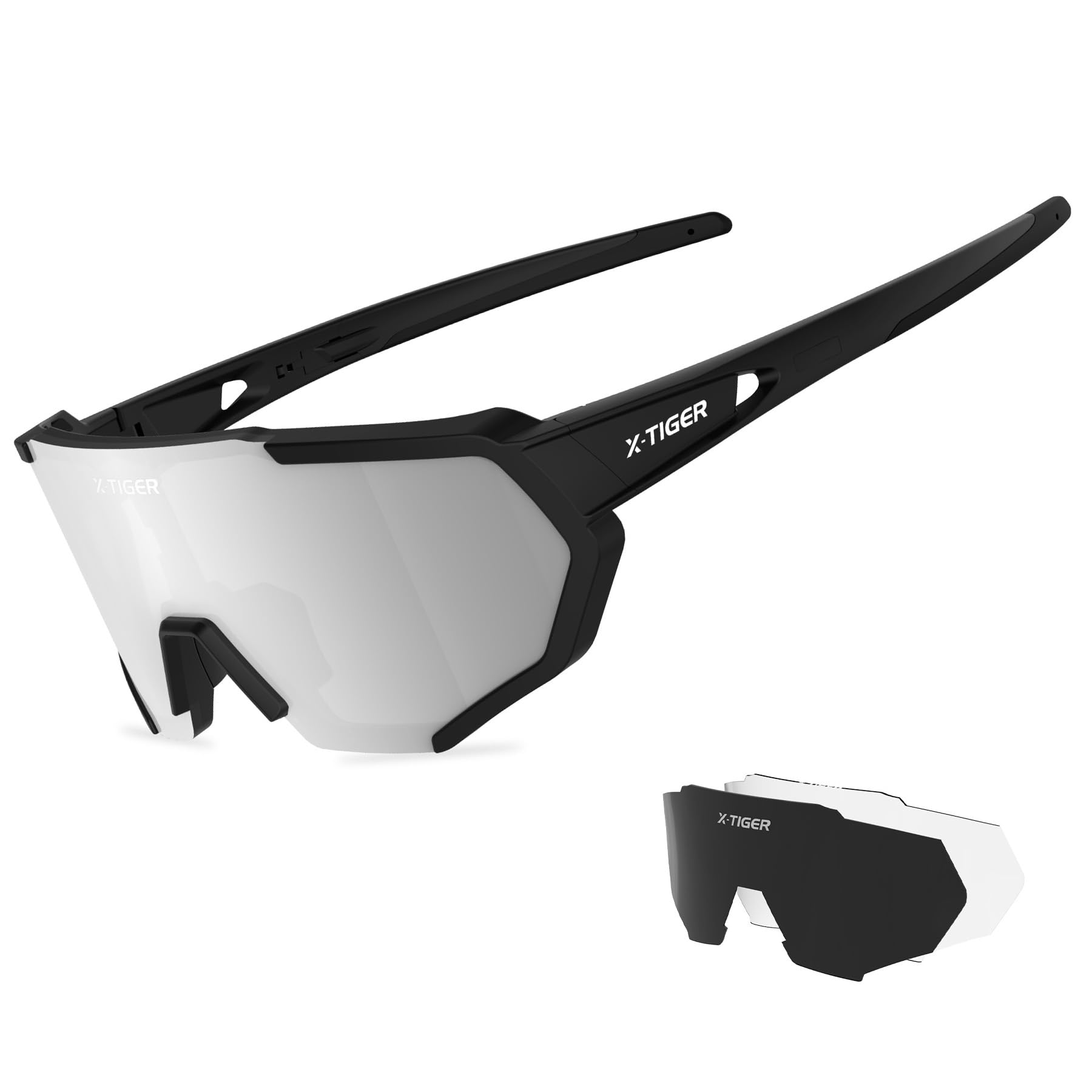 X-TIGER Polarised Sports Sunglasses Cycling Glasses Tr90 Superlight Frame with 3 Interchangeable Lenses UV400 Protection for Men Women(Black)
