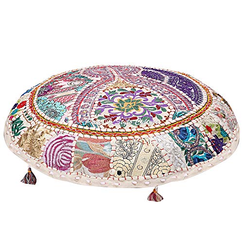 Stylo-Culture-Ethnic-Bohemian-Floor-Cushion-Meditation-Throw-Pillow-Cover-White-70x70-cm-Vintage-Patchwork-Lounge-Round-Large-28-inch-Lounge-Cotton-Embroidered-Couch-Sitting-Cover