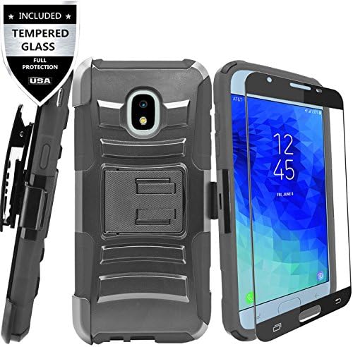 Samsung Galaxy J3 2018/J3 Achieve/J3 Star/Express Prime 3/Amp Prime 3/Sol 3 /J3 V 3rd Gen/J3 Orbit Case Tempered Glass Screen Protector,IDEA LINE Holster Kickstand Belt Clip - Black
