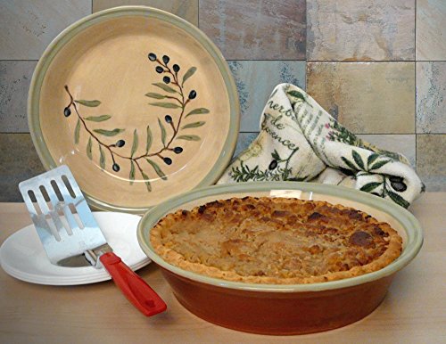 American Made Terra-cotta Pottery Deep Dish Pie Plate, 9.5-inch, Mediterranean Olive Branch Motif