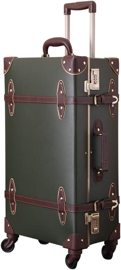 Aluminum Frame Vintage Luggage Suitcase Lightweight Trolley Trunk with Wheels for Man and Women,Carry-On (Army Green, 20 inch)