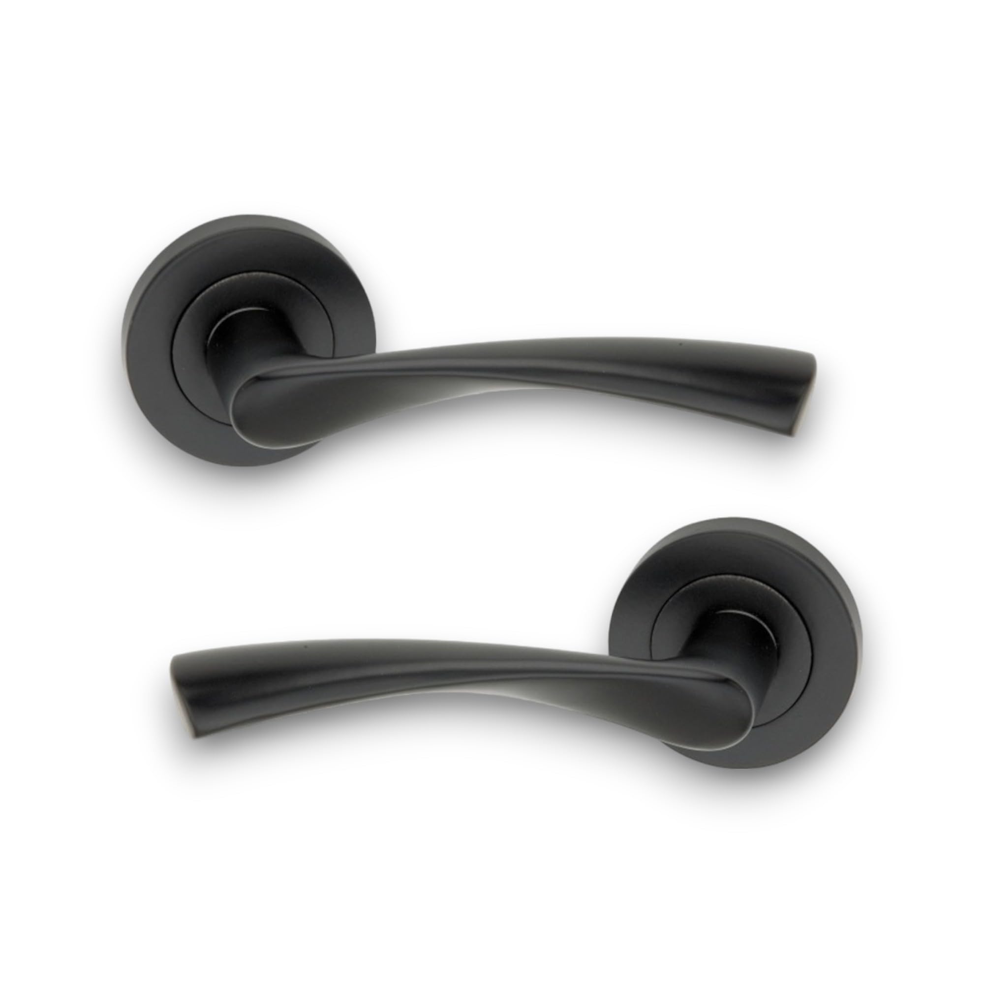 Infinity Decor Pack of Twisted Matt Black Lever Door Pull Handles on Sprung Rose Latch Pack - for Interior & Exterior Doors