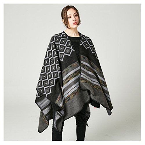 Poncho，Jelinda Women's Reversible Tassel Hem Batwing Sleeves Cape Poncho Cloak Jumper (Black) - Thumbnail 7