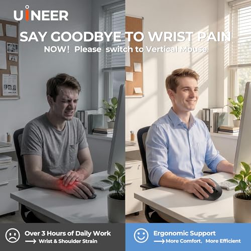 Uineer Ergonomic Wireless Mouse, Bluetooth Rechargeable Vertical Mouse, 7 Color LED, 4 DPI Adjustable, USB-A, Wrist Strain Relief,Optical Mice for Computer/PC/Laptop, Black (Black)