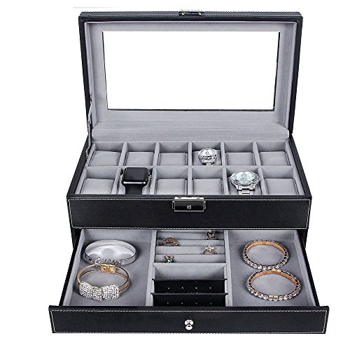 Hodleys Watch Box Black Leather Watch Display Box 12 Slot Watch Organizer Lockable Jewelry Case w/Glass Top Drawer, Wedding Birthday Gifts