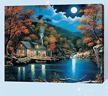 Frameless Digital Painting By Number Moon Lake Cabin Inn Scenery