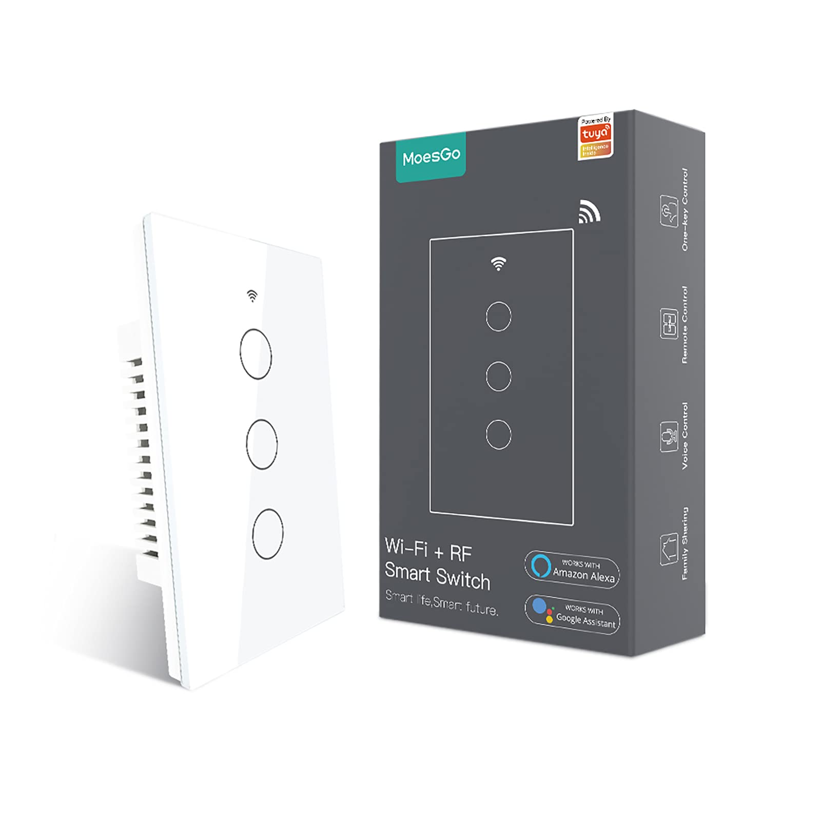 Photo 1 of MoesGo WiFi Smart Wall Light Switch,Glass Panel, Multi-Control(3 Way), 2.4GHz Wi-Fi Touch Switches, Neutral Wire Required, Remote Control Smart Life/Tuya App, Work with Alexa, Google Home White 3 Gang