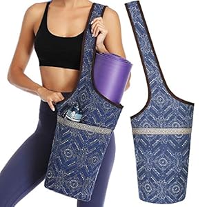 Soogus Yoga Mat Bag, Yoga Carrying Bag for Mat and Blocks Patterned Canvas Large Sling Yoga Tote Bag Pilates Bag with Zipper Pocket, Fits Most Size Mats