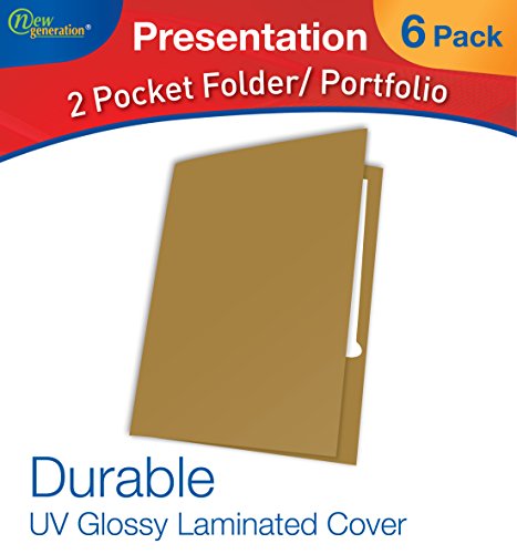 New Generation - GOLD - 2 Pocket Folder, Durable Heavy Duty UV Glossy Laminated, Business Presentation Portfolio Hold Letter Size sheets with a die-cut business card holder,6 Folders per Pack (GOLD)