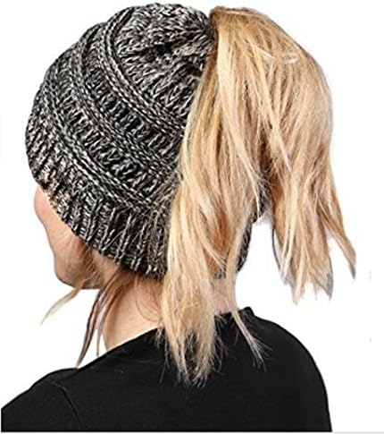Mazdom Funky Trendy Warm Oversized Chunky Soft Oversized Cable Knit Slouchy Beanie Tail Soft Stretch Cable Knit Messy High Bun Ponytail Beanie Hat