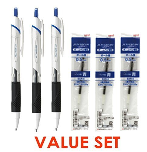 uni-ball Jetstream Extra Fine Point Retractable Roller Ball Pens,-Rubber Grip Type -0.5mm-Blue Ink- 3 Pens & 3 Pens Refills Value Set (With Our Shop Original Product Description)