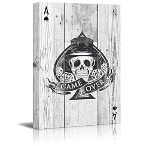 Poker Cards Canvas Wall Art - Hearts Ace - Sir Skull with Dice and Game Over Banner - Gallery Wrap Modern Home Art | Ready to Hang - 12x18 inches