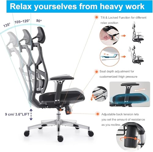 HOLLUDLE Ergonomic Office Chair with Adjustable Backrest, Depth Adjustable Seat, 4D Armrests, Lumbar Support and 2D Headrest, 360° Swivel, Modern Design, Black