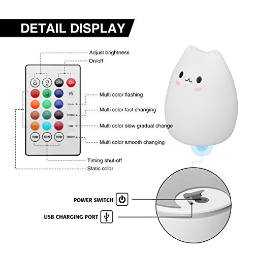 Children Night Light, Elfeland Remote Control LED Cute Silicone Cat Lamp 12+1 Colors/6 Lighting Modes/USB Rechargeable/Timing Off for Baby Kids Bedside Bedroom Nursery Birthday Gift Valentine Present