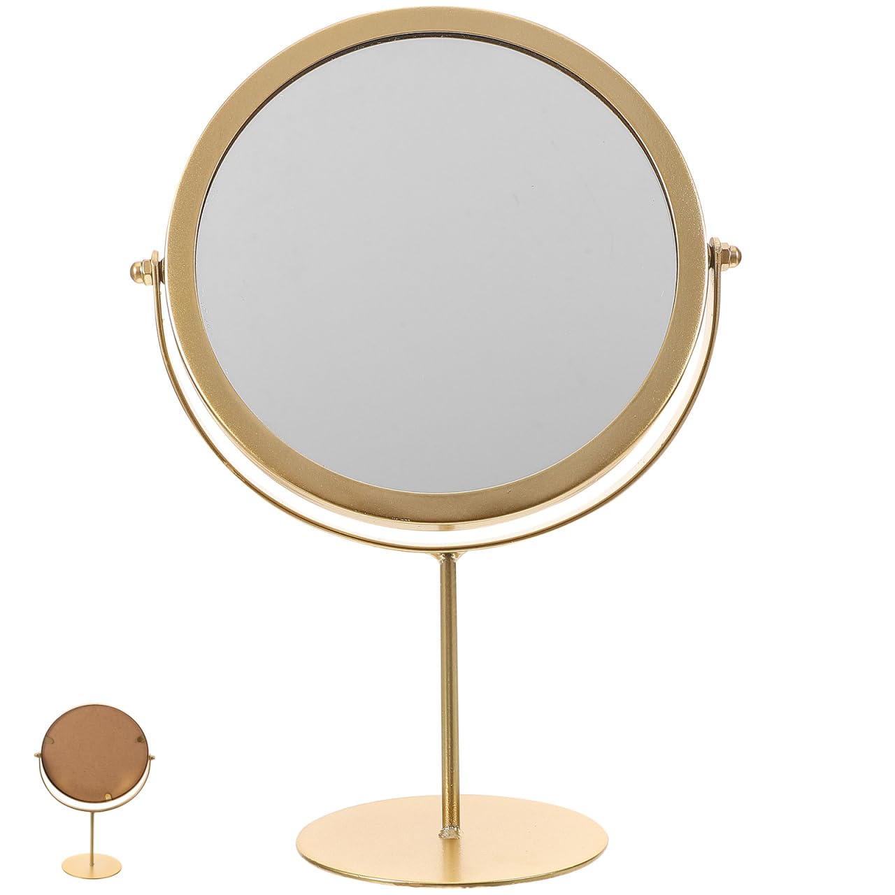 FOMIYES Round Tabletop Makeup Mirror with Stand - 360° Swivel Double-Sided Vanity Mirror (High Version) | Elegant Metal Frame Standing Desktop Looking Glass for Bedroom & Dressing Table - Golden