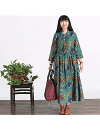 Vestido de mujer de lino y algodón con cuello redondo suelto