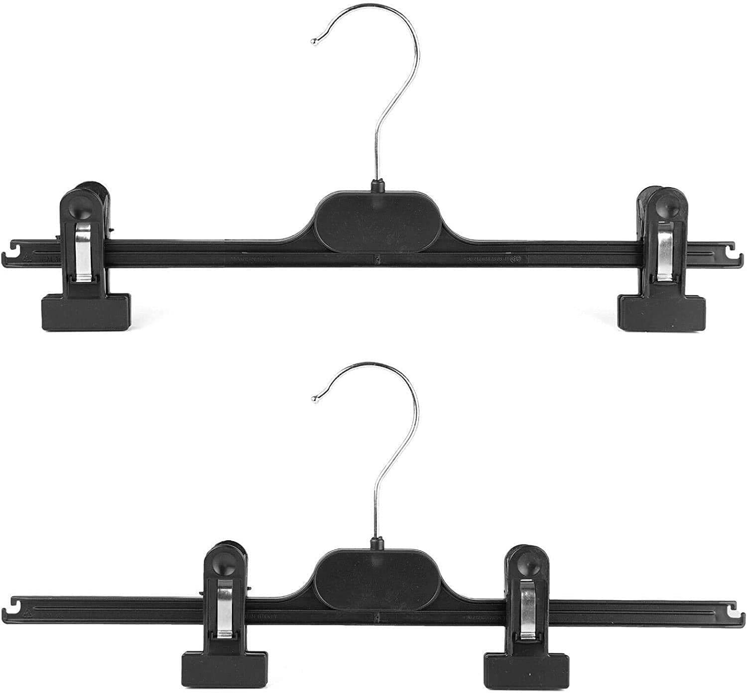 KAPCO 10 Clip Hangers (40cm wide) Black Plastic Adjustable Space Saving Clothes Organiser for Wardrobe, Kids Closet & Clothing Rail | Trouser, Skirt & Pant Hanging with Extender Clips and Swirl Hook