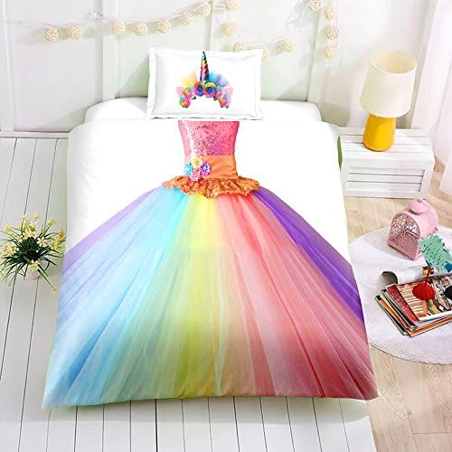 HTgroce Digital Printing Rainbow Unicorn Princess Dress Gateway to Dreams for Girls Duvet Cover with Pillowcase Single Bedding Set 2PCS(NO Comforter)