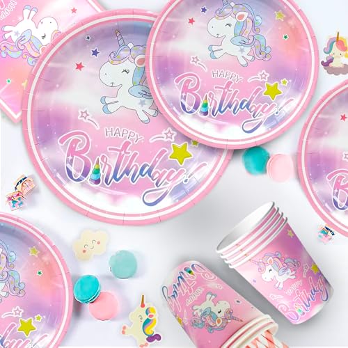 Unicorn Supplies Birthday Party - 130 Pieces Kit Unicorn Birthday Plates Unicorn Cups Napkins Table Cloth Banner etc Party Supplies Theme