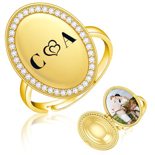 SUPHELPU Oval Locket Ring for Women, Personalized Engraved Rings with Picture Name, Personalized Gifts for Christmas Memorial, Custom Gifts for Couple Girlfriend, Jewelry-Making-Patterns