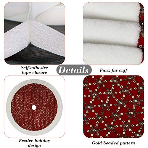 ExcMark 48 inch Red and Gold Christmas Tree Skirt with Faux Fur Border and Sequins