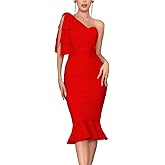 houstil Women's One Shoulder Fishtail Wedding Guest Bandage Dress Mesh Midi Graduation Bodycon Party Club Dresses