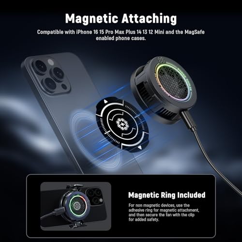 NEEWER BASICS Magnetic Phone Cooler, USB Cooling Fan for Phone, Temp Smart Control, RGB Light, Magnetic Ring Compatible with iPhone 15 16 Pro Max MagSafe Samsung iPad for Gaming, PA069