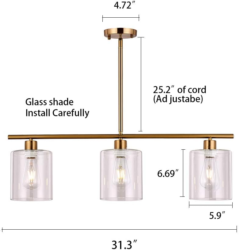 XILICON Kitchen Island Lighting Chandelier Light Fixture for Dining Room Hanging Brushed Brass 3 Light Pendant Light Contemporary with Glass Shade for Living Dining Room Bedroom - - 