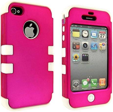 HJX iphone 4/4s Silicone Core With a Hard Hybrid Rubberized Shell TUFF Case for iPhone 4 4g 4s- Hot pink/White+ Gift 1pcs Insect Mosquito Repellent Wrist Bands bracelet