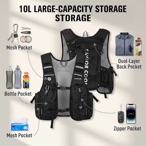 SAVIOR COOL Cooling Running Vest with Hydration Bladder 2L, 10L Hydration Backpack, 3 Cool Packs, 180 Min Cooling System, Reflective, for Men and Women | 2L water bladder, 3 cold sources
