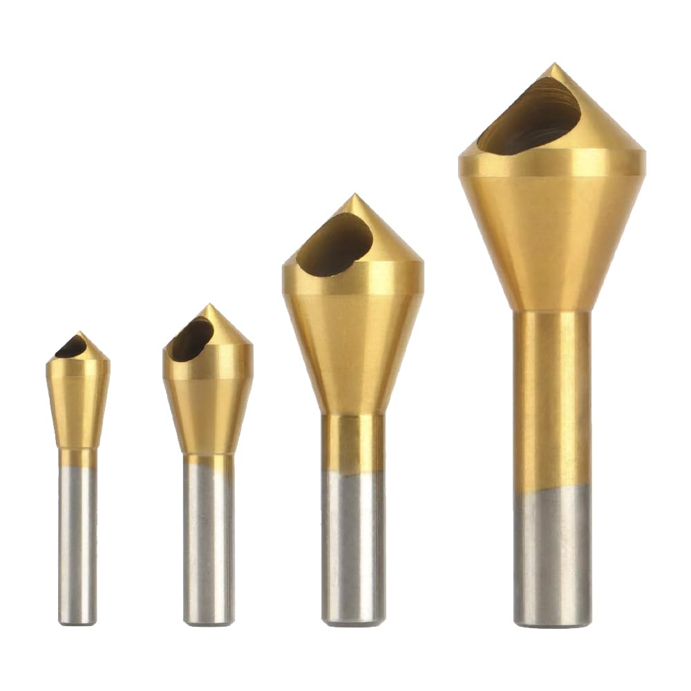 CyjYwp 4 Count Titanium Coated Countersink Chamfer Drill Bits Set for Wood, Metal, Plastic